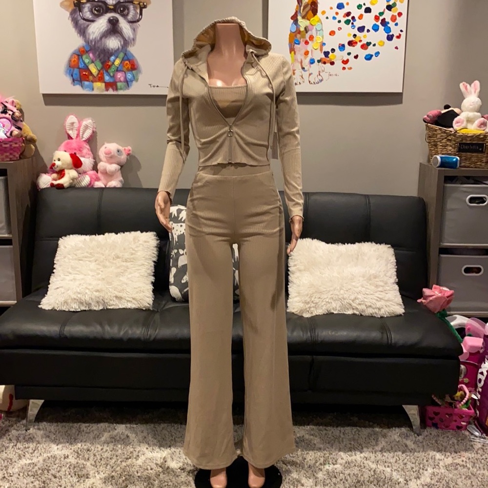 Posh By V Taupe Ribbed 3 Piece Flare Pant Set Top Zip Hoodie S NWT